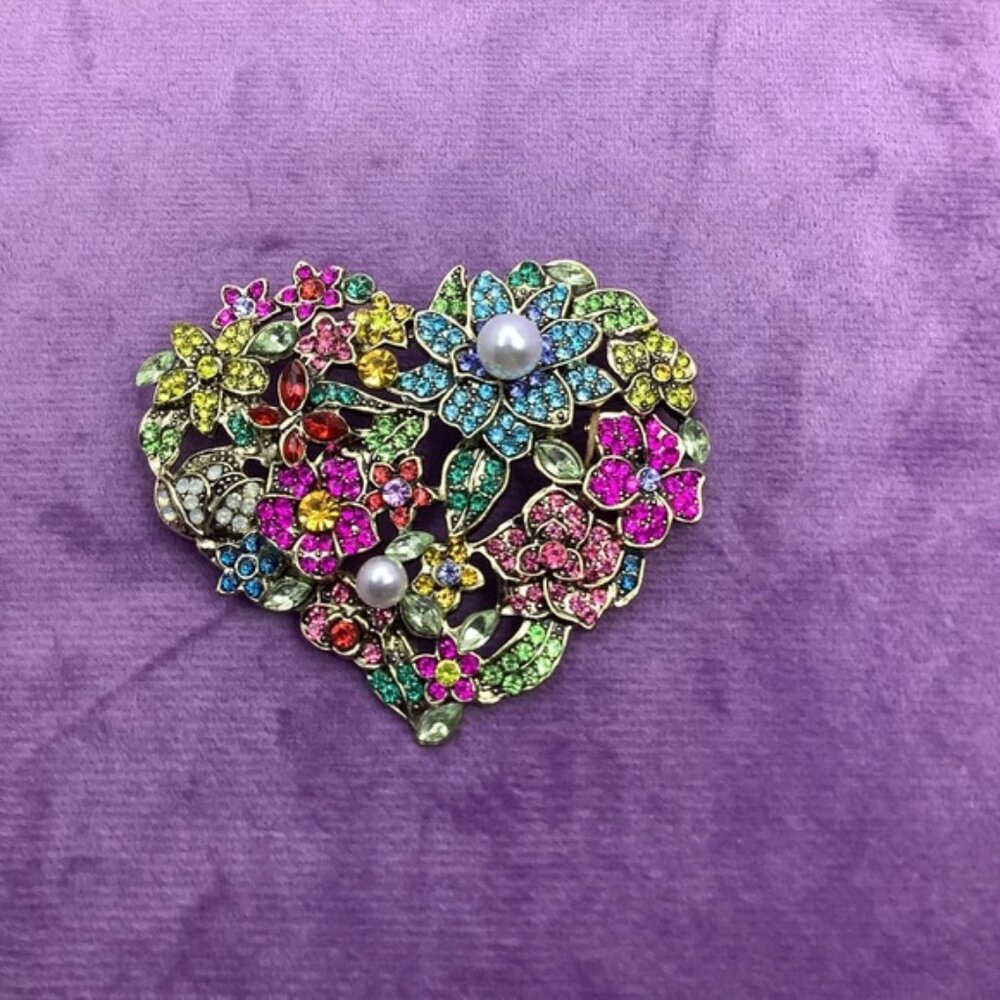 Tuzzy Muzzy Floral Heart Brooch with Multicolor Crystals